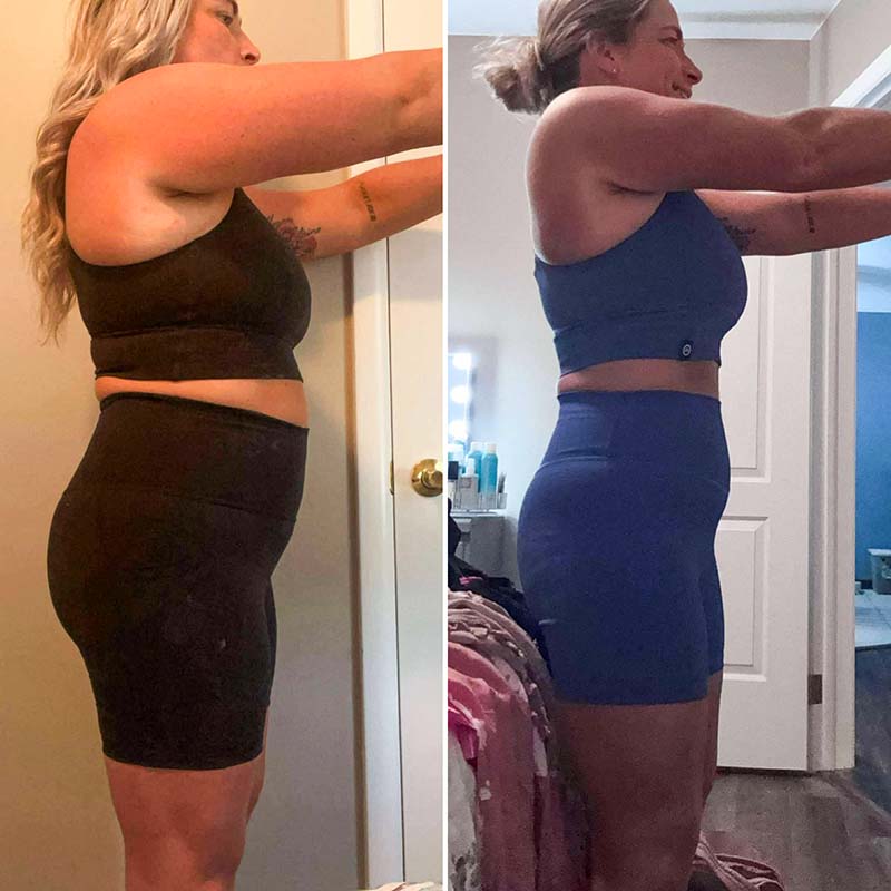 Daily Disciplines woman's before and after weight loss results from nutrition coaching and physical training
