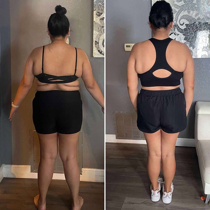 Daily Disciplines woman's before and after weight loss and muscle gain results from nutrition coaching and physical training