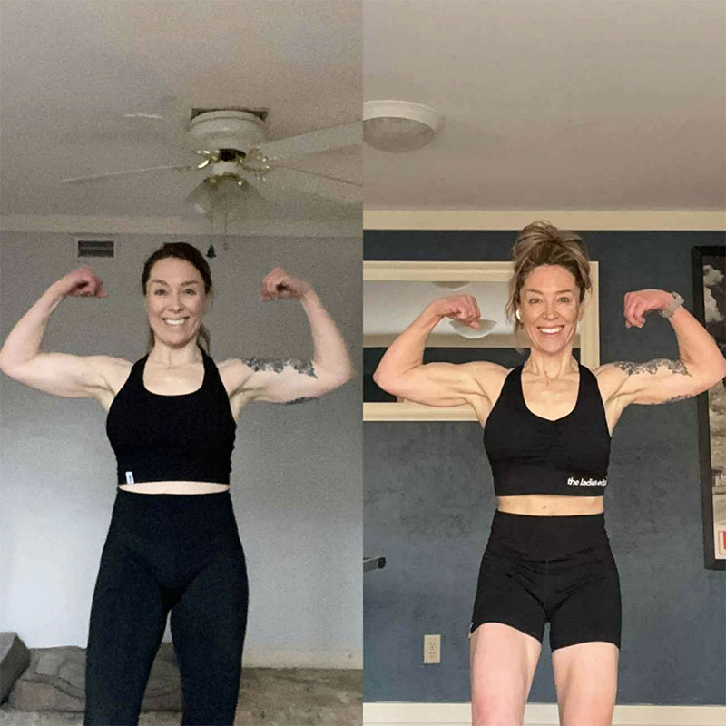Daily Disciplines woman's before and after strength and muscle gain results from physical training